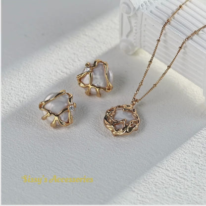 Golden Flow Pearl & Zircon Earrings and Necklace