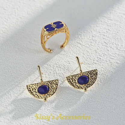 Blue and Black Enamel Droplet Ring and Earrings