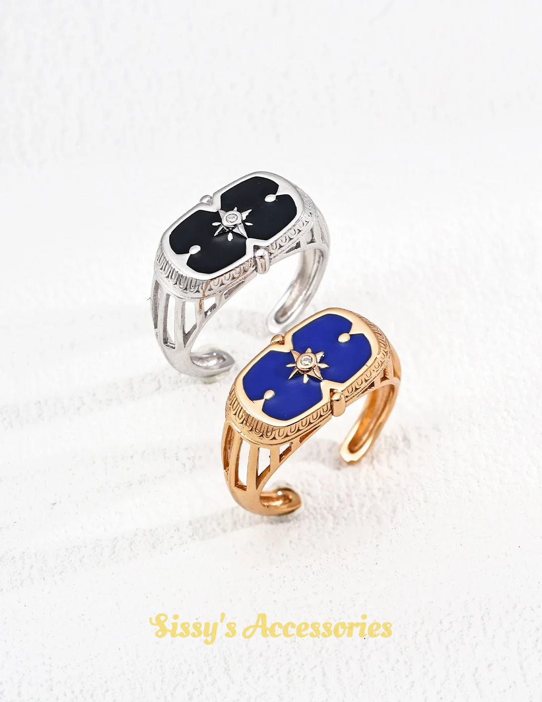 Blue and Black Enamel Droplet Ring and Earrings