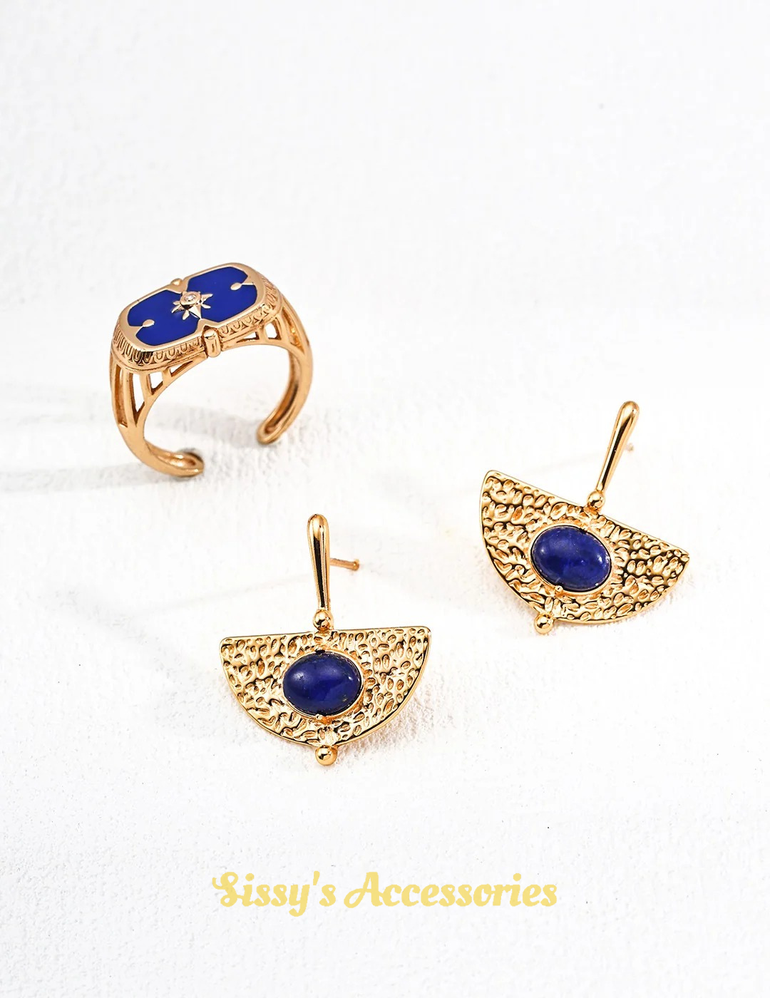 Blue and Black Enamel Droplet Ring and Earrings