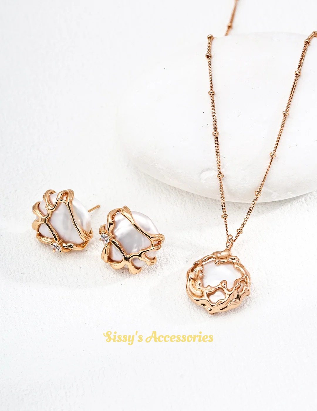 Golden Flow Pearl & Zircon Earrings and Necklace