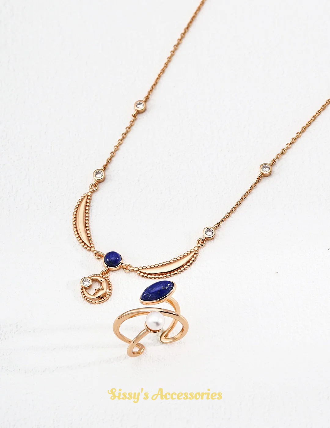 Lapis Lazuli Zircon Necklace, Ring and Earrings