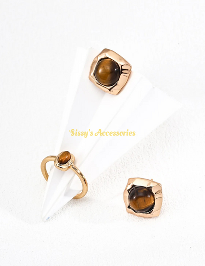 Natural Tiger's Eye Earrings, Ring and Necklace