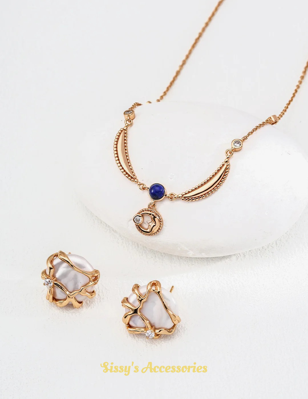 Golden Flow Pearl & Zircon Earrings and Necklace