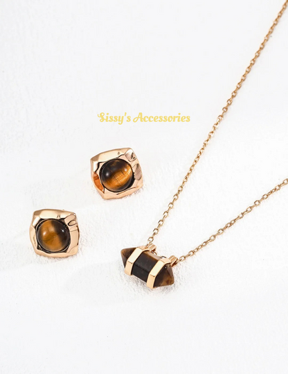 Natural Tiger's Eye Earrings, Ring and Necklace