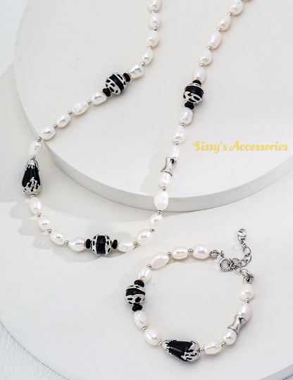 Pearl Black Onyx Necklace and Bracelet