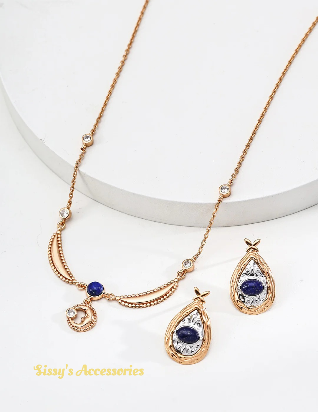 Lapis Lazuli Zircon Necklace, Ring and Earrings