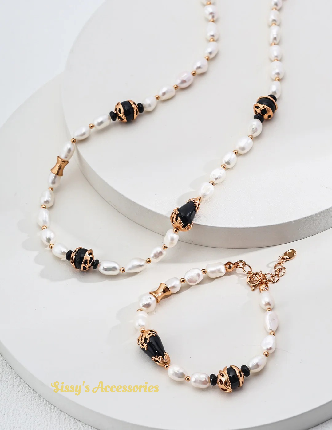 Pearl Black Onyx Necklace and Bracelet