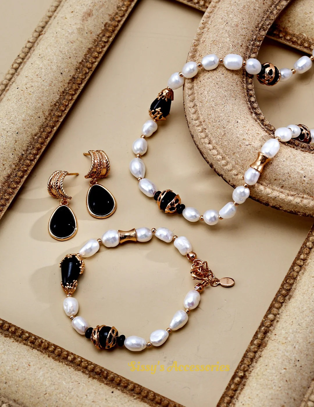 Pearl Black Onyx Necklace and Bracelet